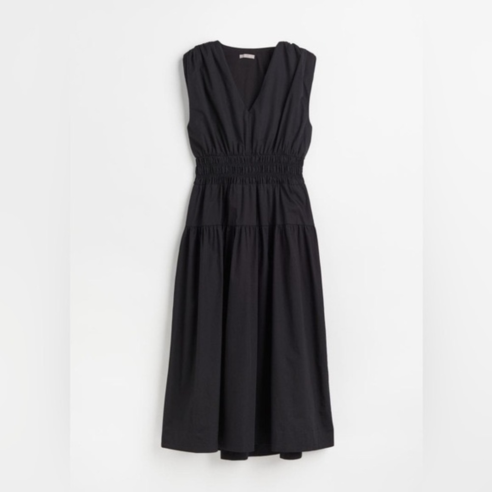 H&M Black Smocked Waist V Neck Sleeveless Midi Dress - Picture 2 of 11